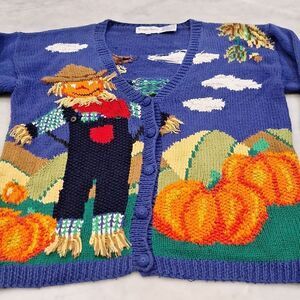 Vintage Alexandra Bartlett Knitted Fall Scarecrow Pumpkin Cardigan Sweater 90s